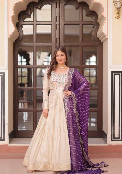 Purple Beads Work Cosmos Anarkali With Dupatta
