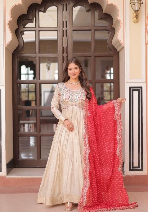 Red Beads Work Cosmos Anarkali With Dupatta
