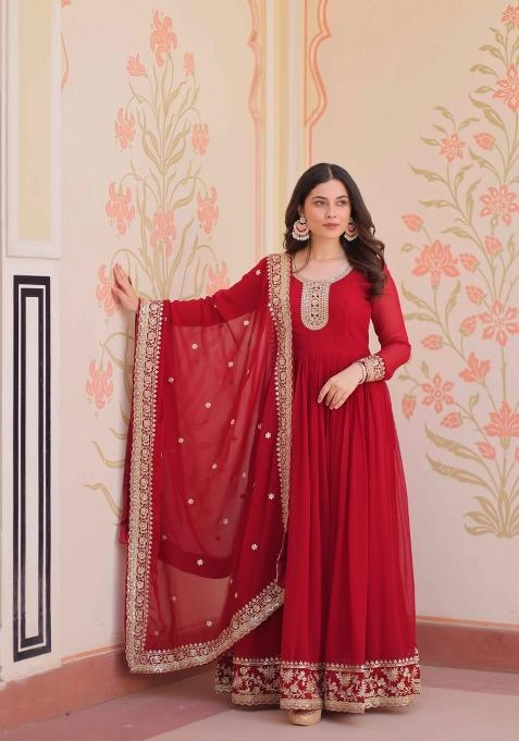 Maroon Sequin Work Georgette Anarkali With Dupatta