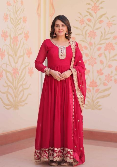 Pink Sequin Work Georgette Anarkali With Dupatta