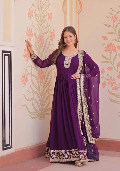 Purple Sequin Work Georgette Anarkali With Dupatta