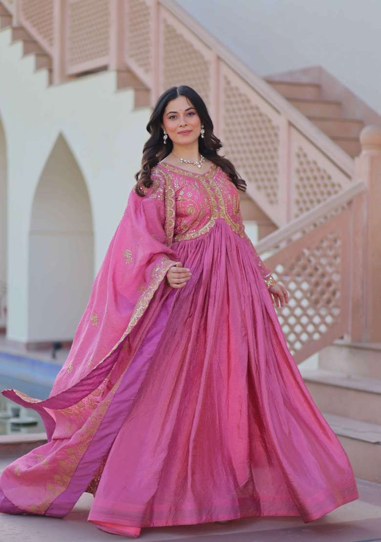 Pink Sequin Work Gold Crush Anarkali With Dupatta - Indya
