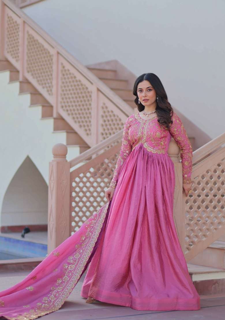 Pink Sequin Work Gold Crush Anarkali With Dupatta - Indya