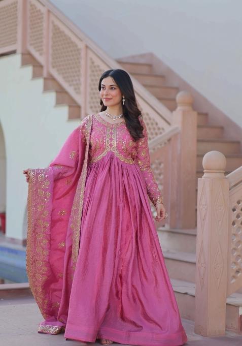 Pink Sequin Work Gold Crush Anarkali With Dupatta