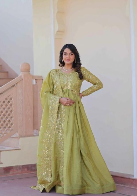 Pista Sequin Work Gold Crush Anarkali With Dupatta
