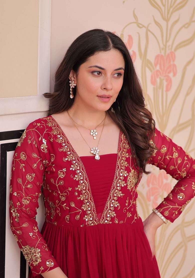 Pink Sequin Work Faux Blooming Anarkali - Indya