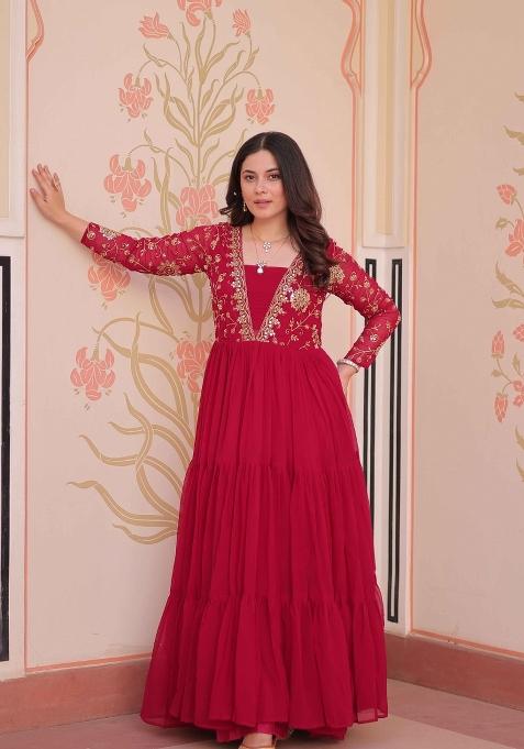 Pink Sequin Work Faux Blooming Anarkali