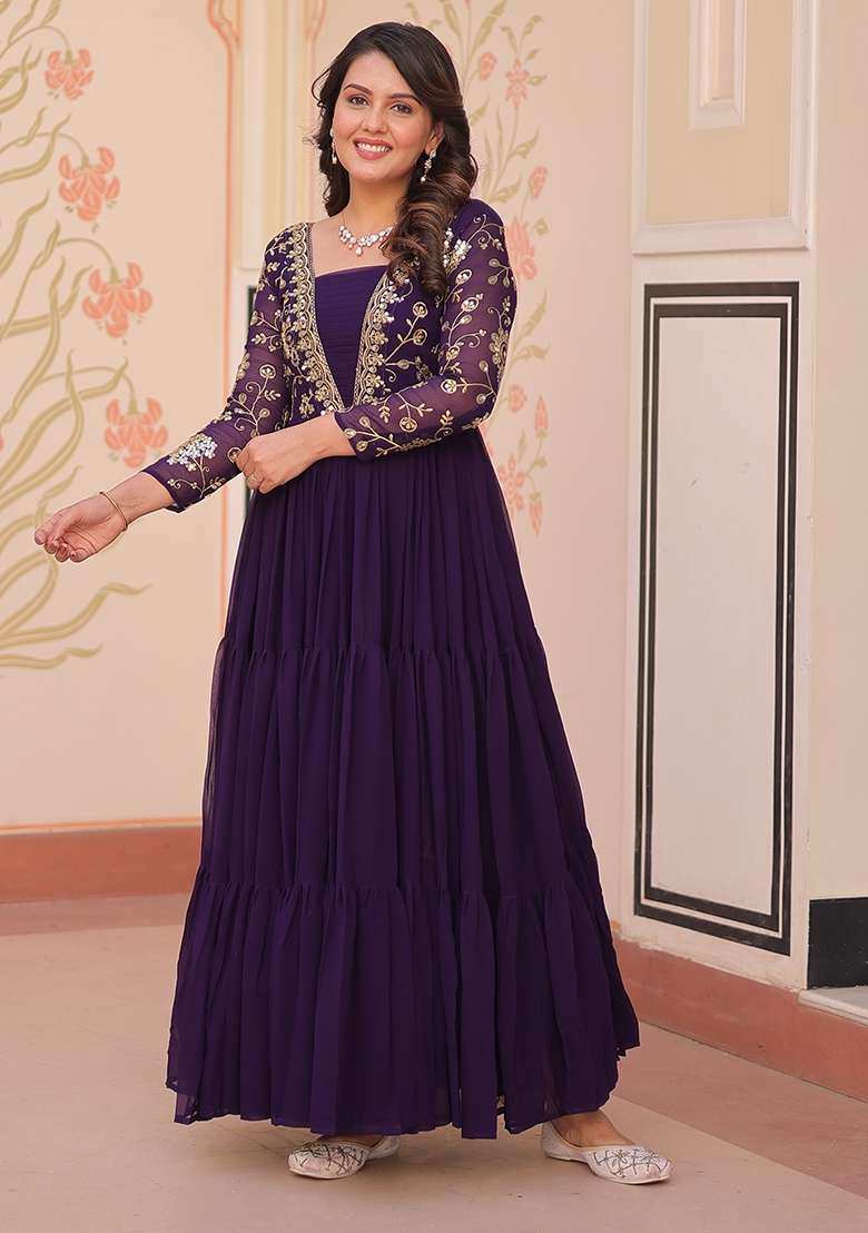 Purple Sequin Work Faux Blooming Anarkali - Indya