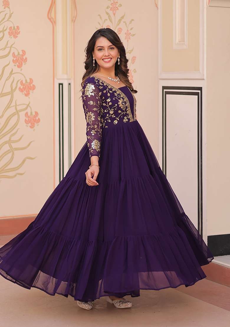 Purple Sequin Work Faux Blooming Anarkali - Indya