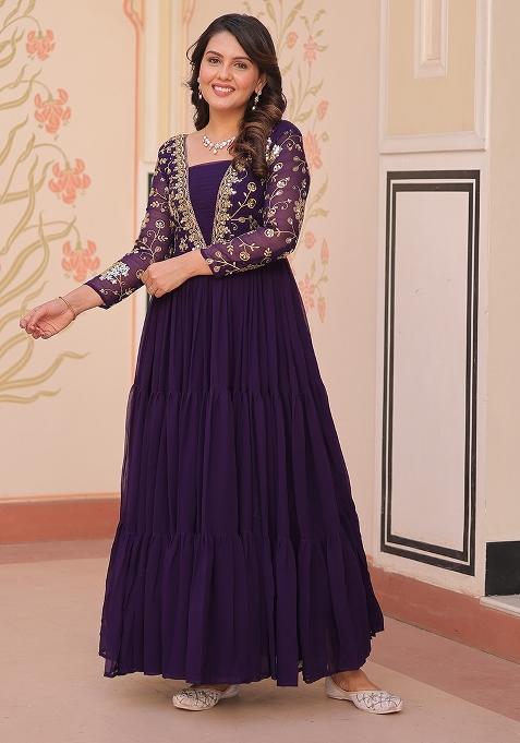 Purple Sequin Work Faux Blooming Anarkali
