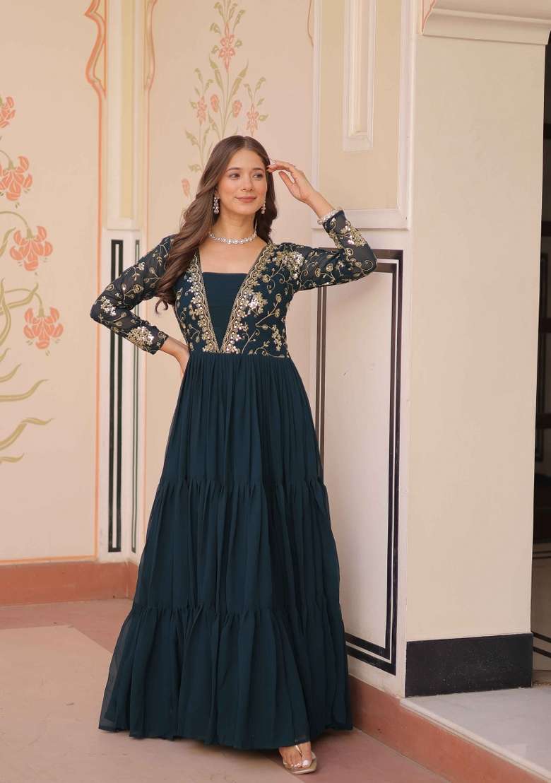Rama Sequin Work Faux Blooming Anarkali - Indya