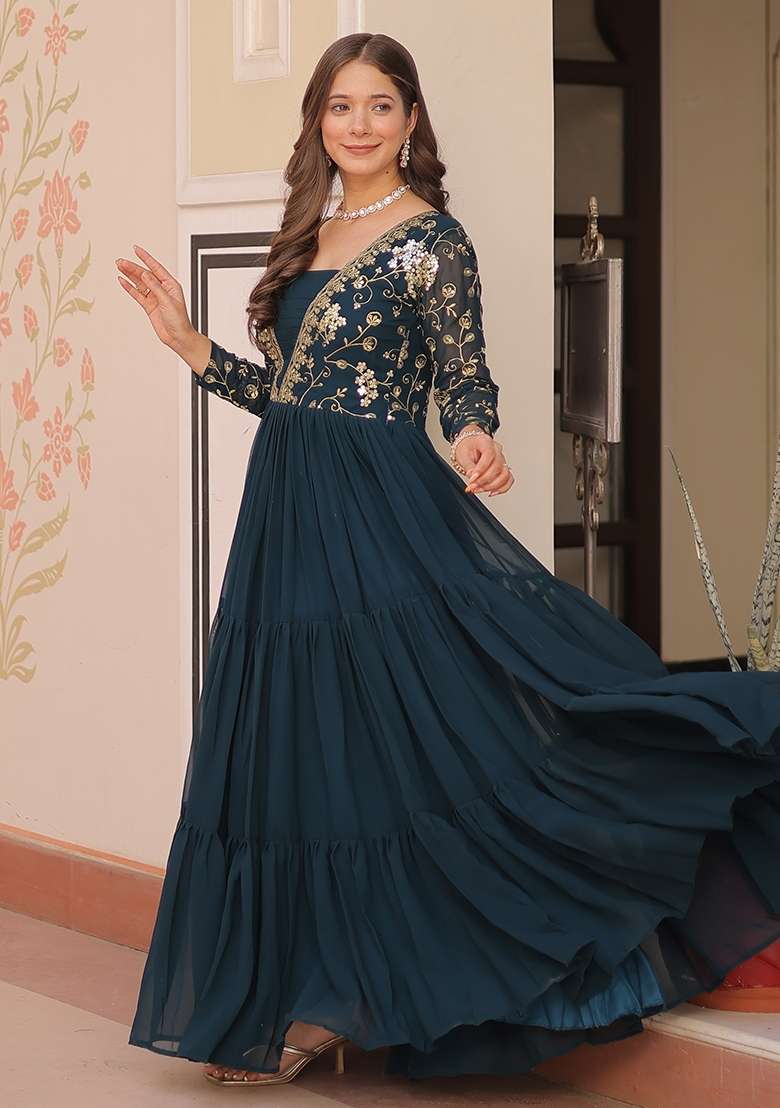 Rama Sequin Work Faux Blooming Anarkali - Indya