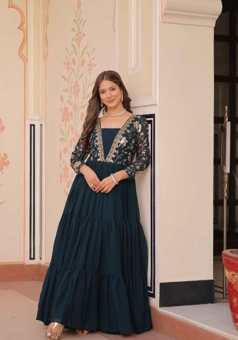 Rama Sequin Work Faux Blooming Anarkali