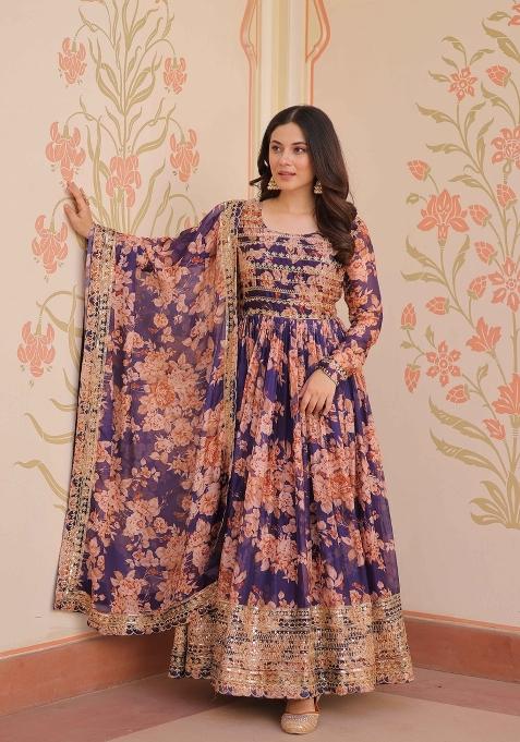 Purple Printed Silk Anarkali With Dupatta