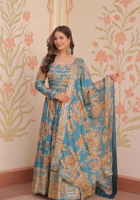 Rama Printed Silk Anarkali With Dupatta
