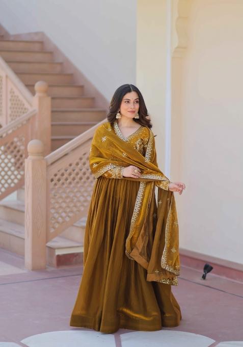 Mehendi Sequin Work Fendy Anarkali With Dupatta