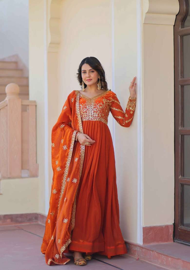 Orange Sequin Work Fendy Anarkali With Dupatta - Indya