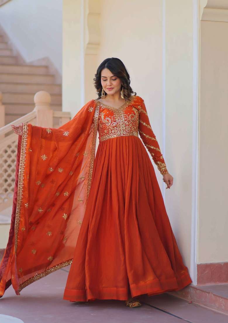 Orange Sequin Work Fendy Anarkali With Dupatta - Indya