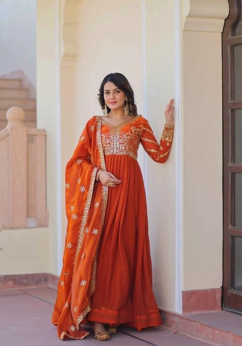 Orange Sequin Work Fendy Anarkali With Dupatta