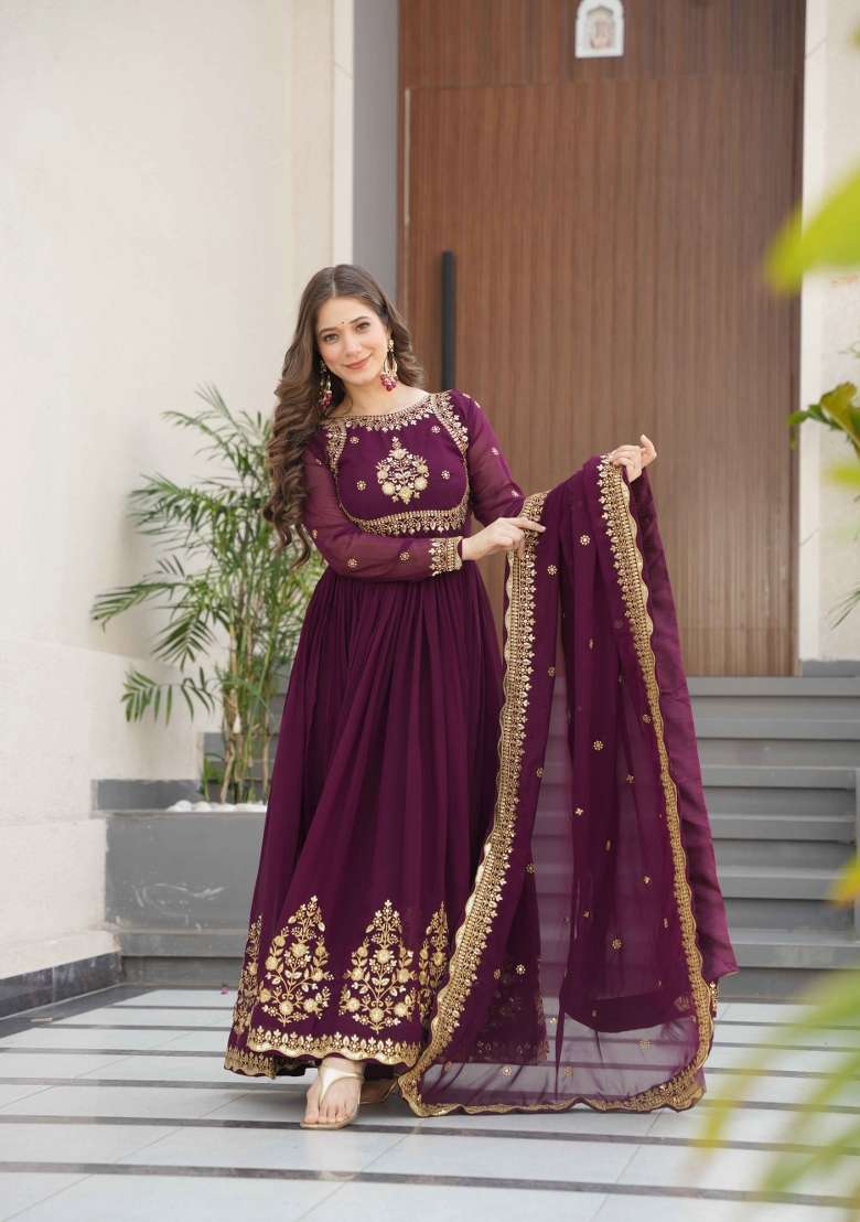 Wine Sequin Work Georgette Anarkali With Dupatta - Indya