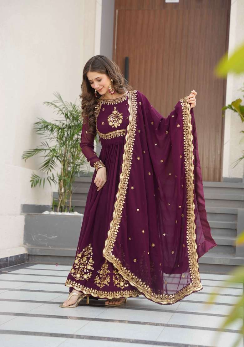 Wine Sequin Work Georgette Anarkali With Dupatta - Indya