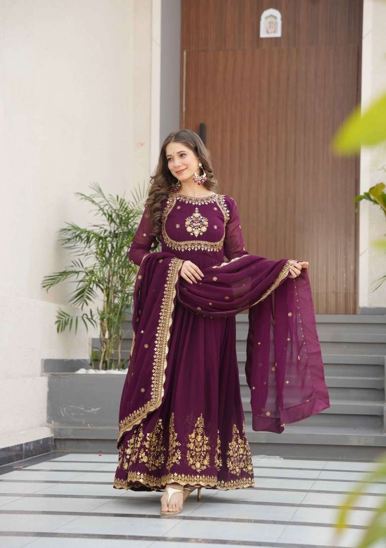 Wine Sequin Work Georgette Anarkali With Dupatta - Indya