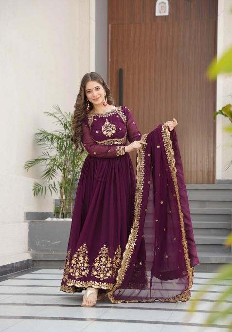 Wine Sequin Work Georgette Anarkali With Dupatta