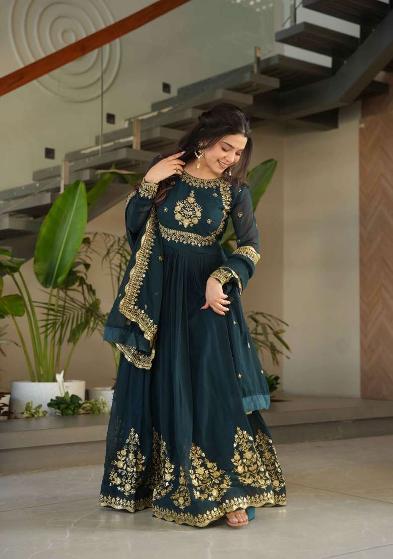 Rama Sequin Work Georgette Anarkali With Dupatta - Indya