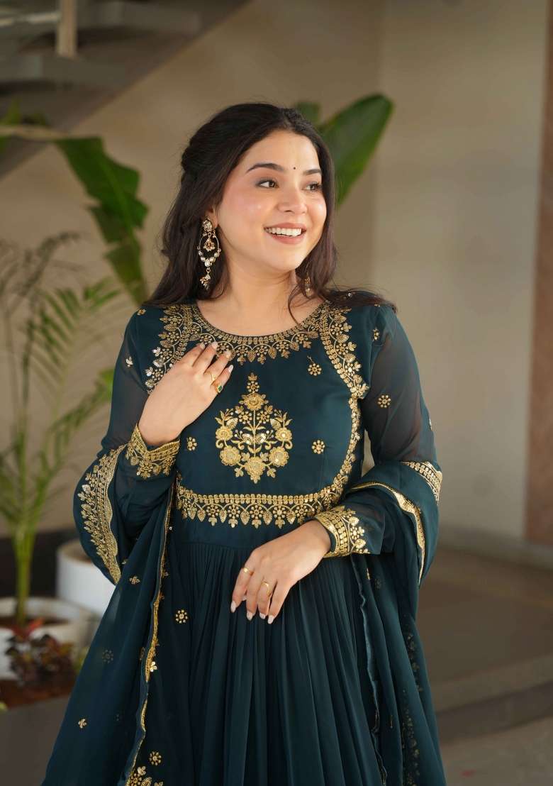 Rama Sequin Work Georgette Anarkali With Dupatta - Indya