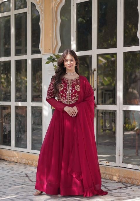 Pink Embroidered Faux Blooming Anarkali With Dupatta