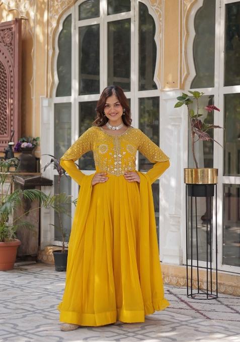 Yellow Embroidered Faux Blooming Anarkali With Dupatta