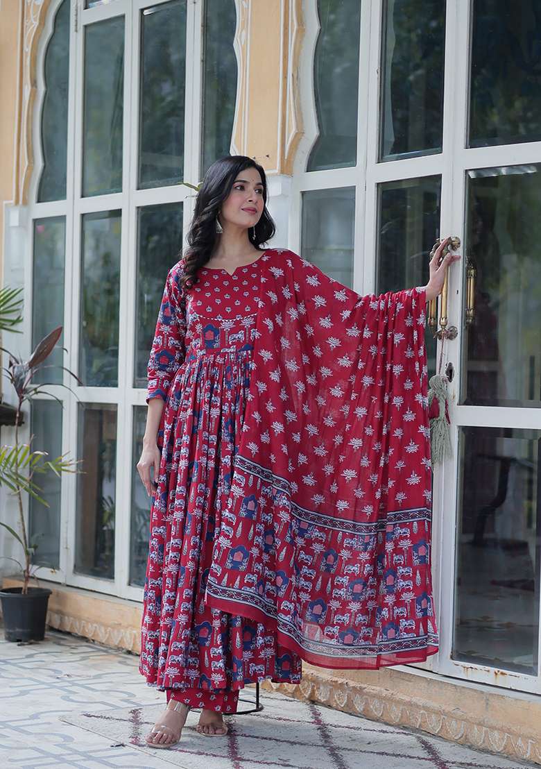 Maroon Cotton Kurta Set - Indya