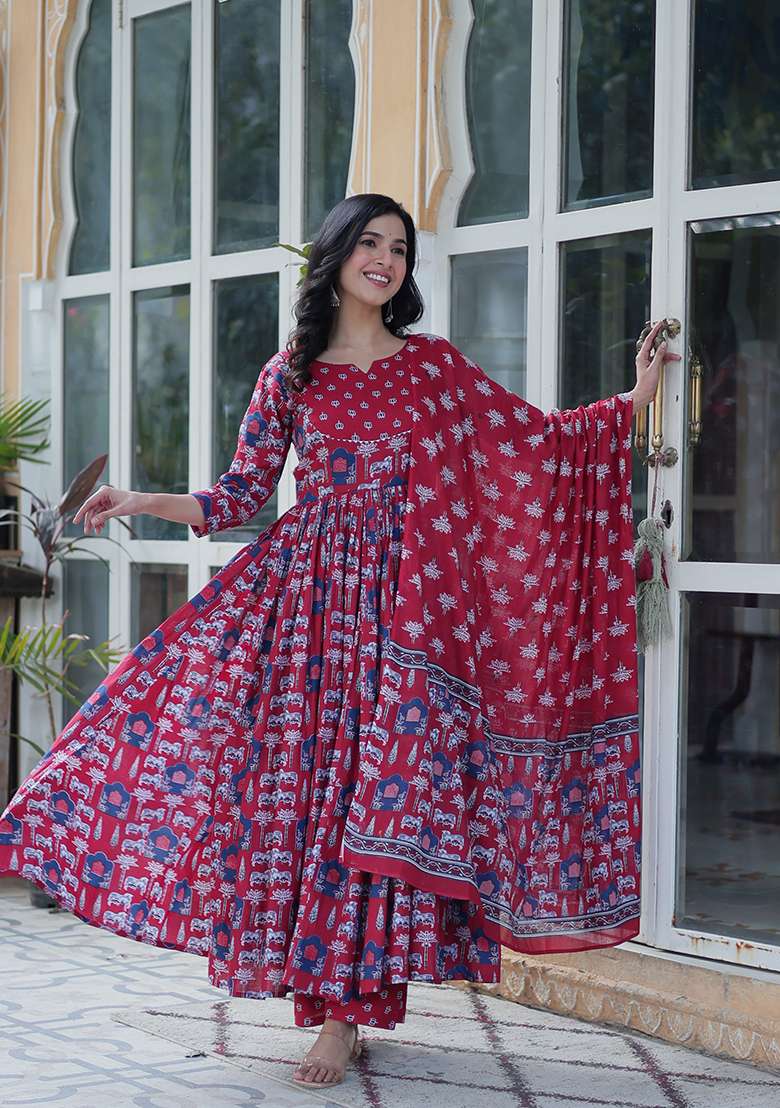 Maroon Cotton Kurta Set - Indya