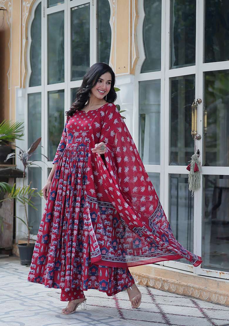Maroon Cotton Kurta Set - Indya