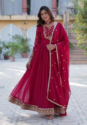 Pink Sequin Work Georgette Anarkali With Dupatta