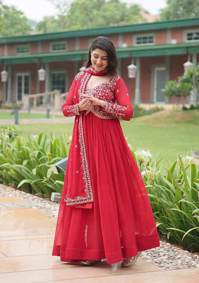 Red Sequin Work Faux Blooming Anarkali With Dupatta - Indya