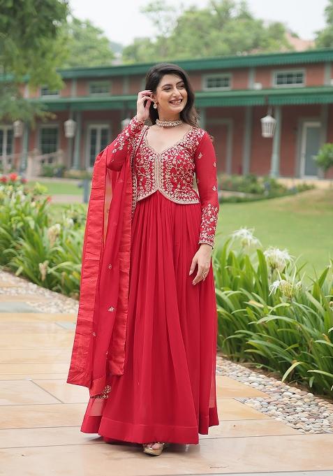 Red Sequin Work Faux Blooming Anarkali With Dupatta