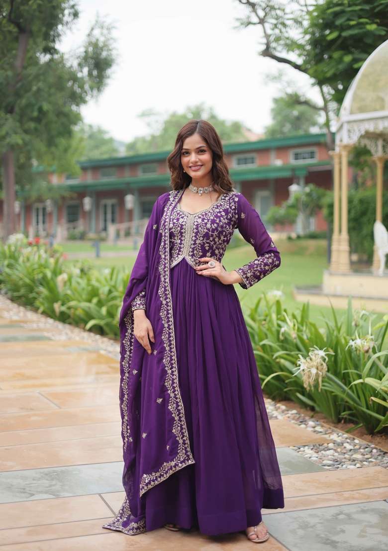 Purple Sequin Work Faux Blooming Anarkali With Dupatta - Indya