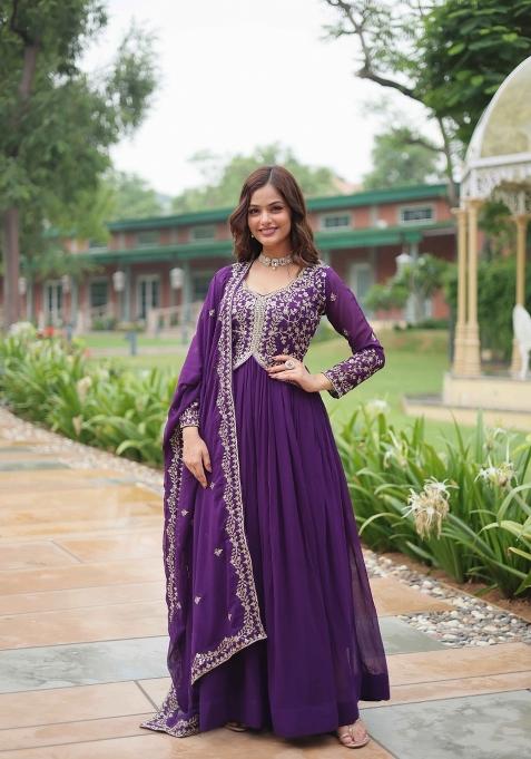 Purple Sequin Work Faux Blooming Anarkali With Dupatta