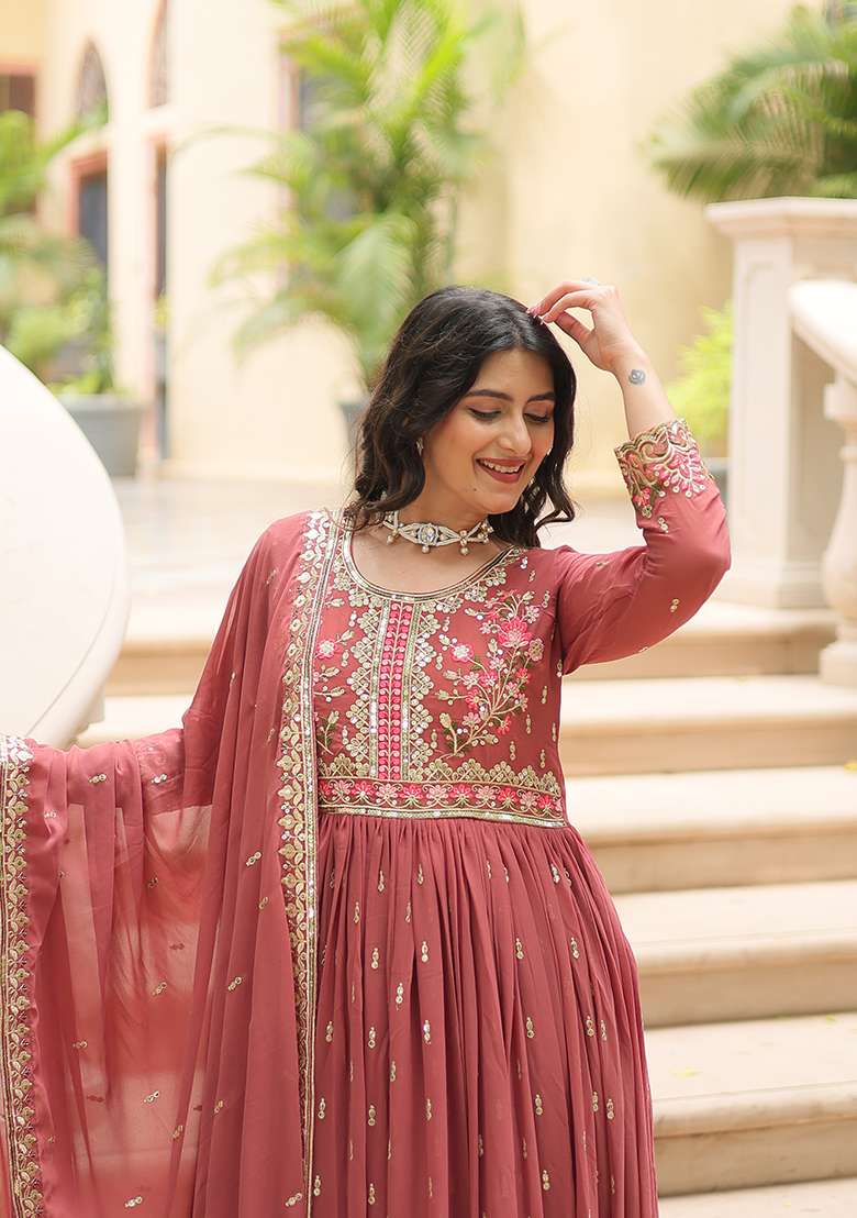 Coffee Sequin Work Georgette Kurta Set - Indya