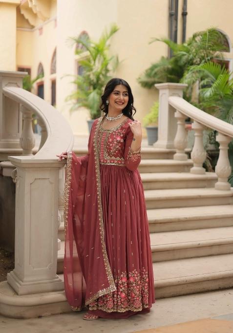 Coffee Sequin Work Georgette Kurta Set