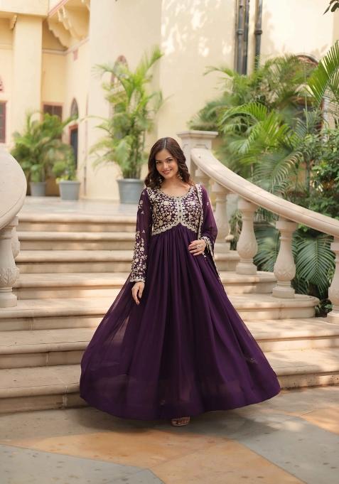 Wine Sequin Work Faux Blooming Anarkali With Dupatta
