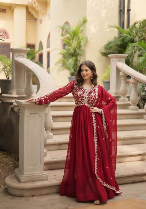 Maroon Sequin Work Faux Blooming Anarkali With Dupatta