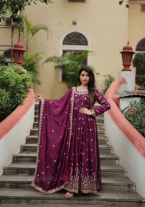 Wine Sequin Work Chinon Kurta Set