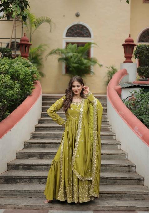 Pista Sequin Work Chinon Kurta Set
