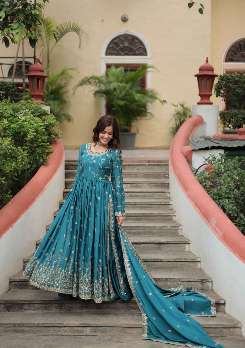 Blue Sequin Work Chinon Kurta Set - Indya