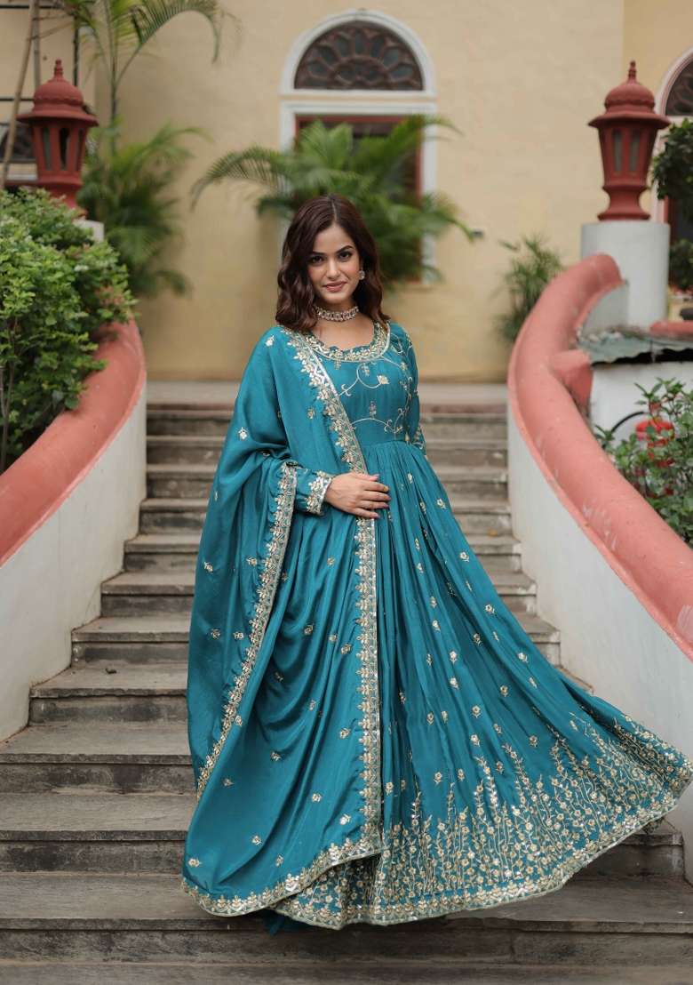 Blue Sequin Work Chinon Kurta Set - Indya