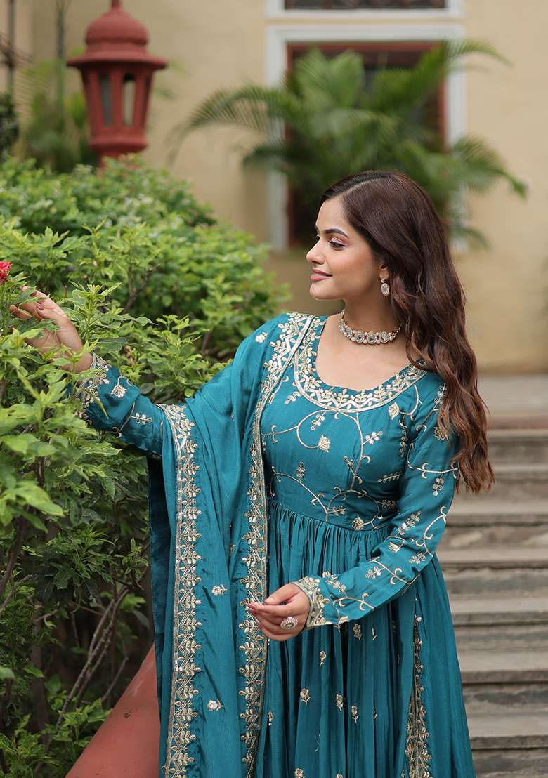 Blue Sequin Work Chinon Kurta Set - Indya