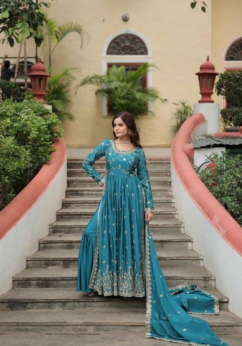 Blue Sequin Work Chinon Kurta Set