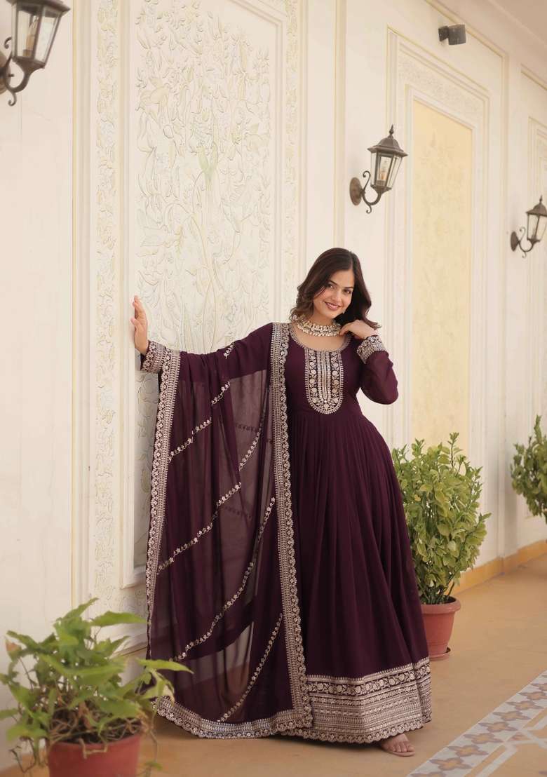 Wine Sequin Work Faux Blooming Anarkali With Dupatta - Indya